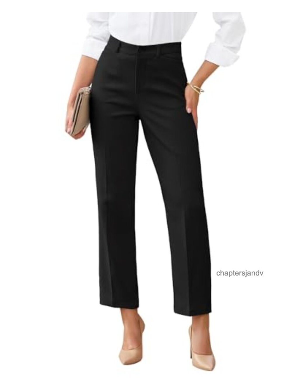 High Rise Ankle Straight Leg Dress Pants Elastic Waist Business Casual Trousers